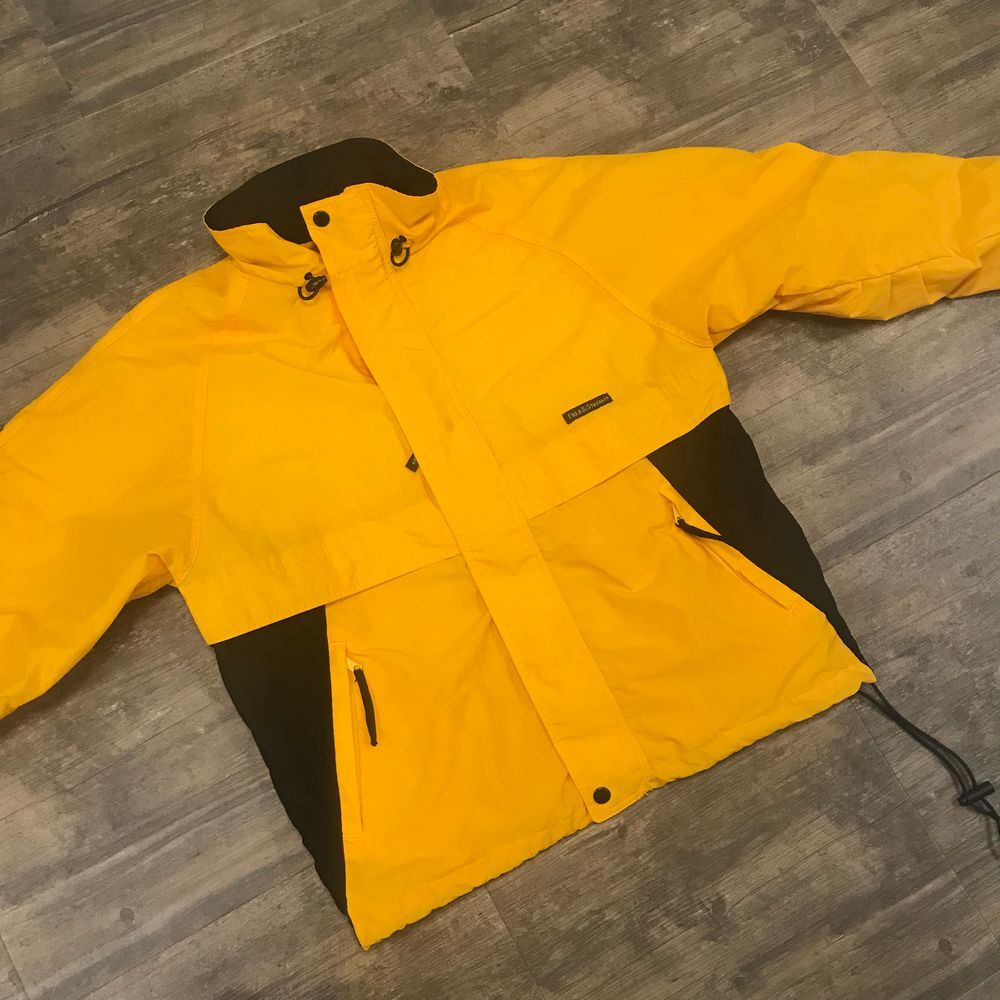 Vintage Field & Stream Full Zip Jacket Men Size Large Yellow Hidden Hood Pockets